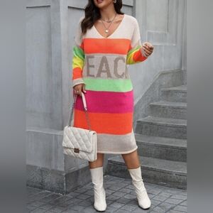 Women’s Multicolor Striped Slouchy Sweater Dress Peace Design Large Cozy Chic